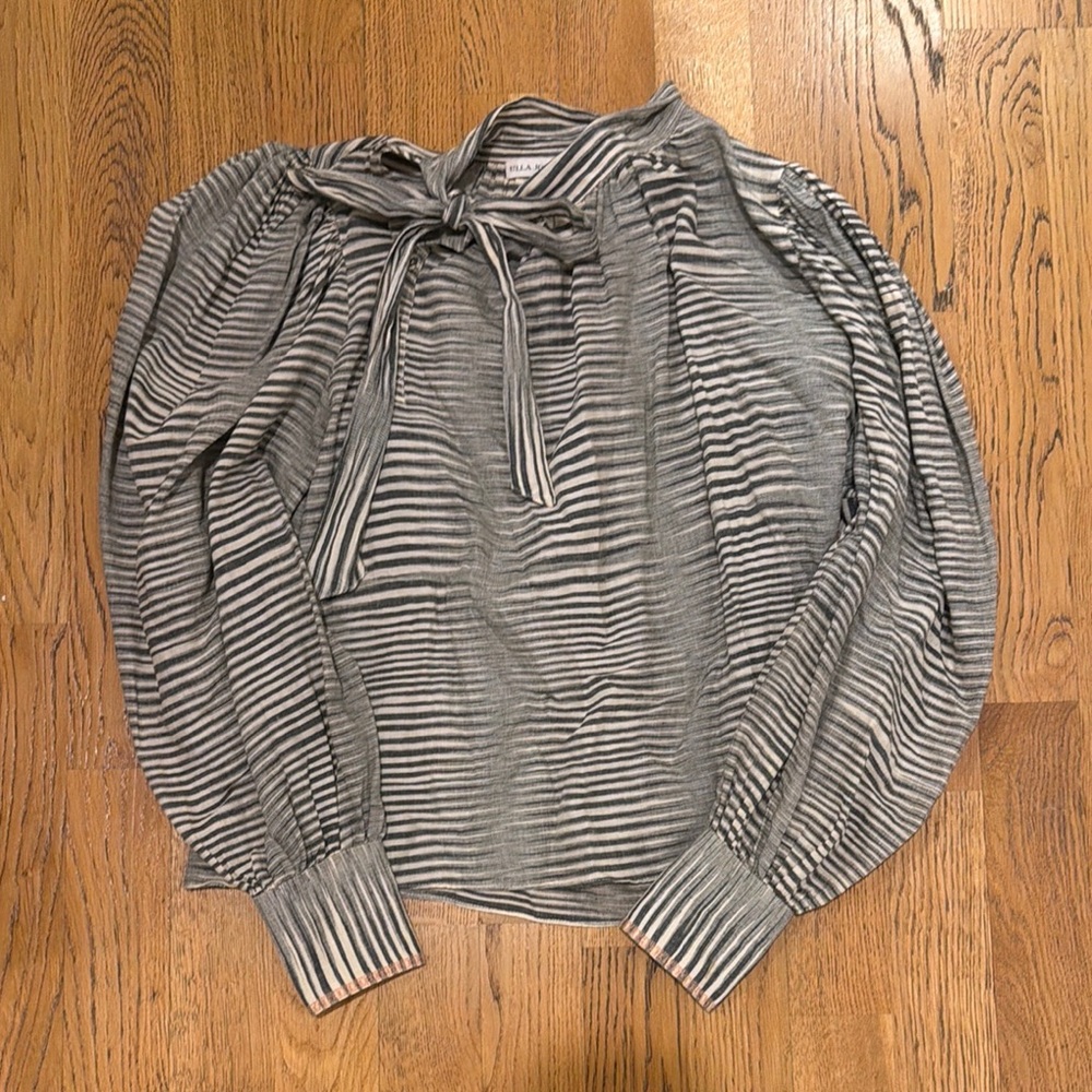 Ulla Johnson Striped Bow-Neck Long Sleeve Top - Gray